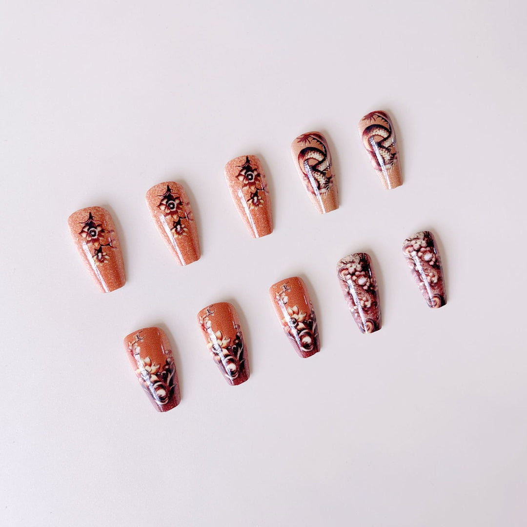 Elegant artificial nail set with 3D dragon designs and gold accents Stornfield