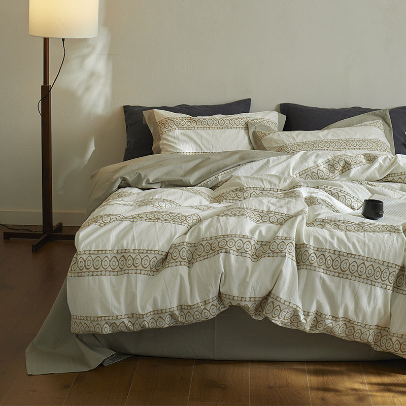 Embroidered Stripe Organic Cotton Duvet Cover Set with Pillow Shams