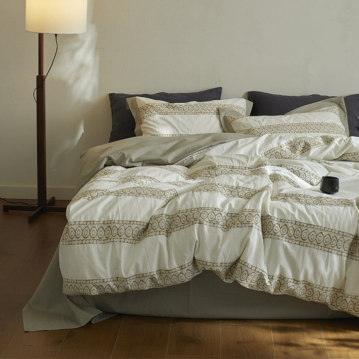 Embroidered Stripe Organic Cotton Duvet Cover Set with Pillow Shams