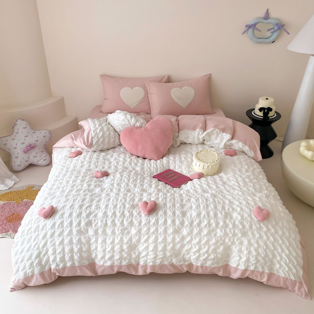 Heart Appliqué Textured Ruffled Duvet Cover Set