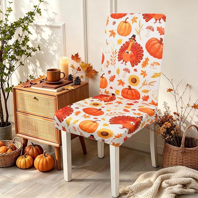Stretch chair cover with autumn pumpkin and leaf motif