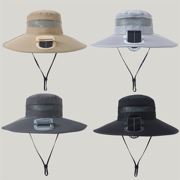 wide-brimmed outdoor sun hat with solar module, quiet mini fan, and adjustable chin strap Stornfield