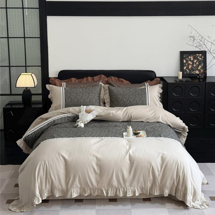 Ruffled-Edge Brushed Microfiber Duvet Cover Set with Center Floral Panel and Pillow Shams