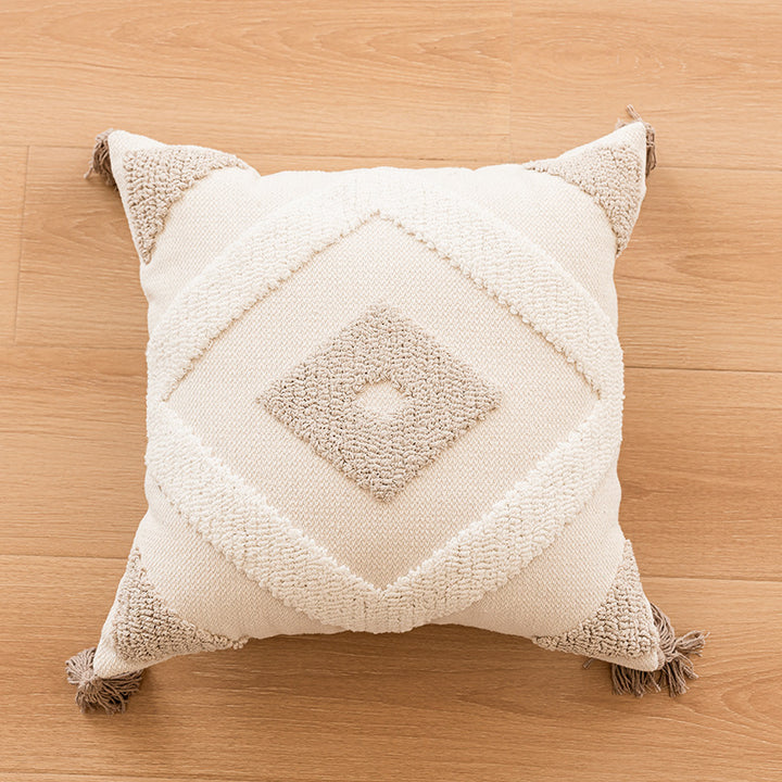 Decorative Tufted Concentric Circle Cotton Throw Pillow Cover with Corner Tassels and Hidden Zipper
