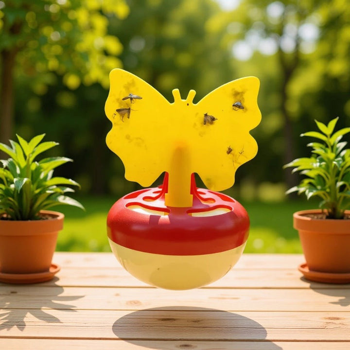 Butterfly-shaped sticky insect trap with refillable liquid reservoir and reusable base Stornfield
