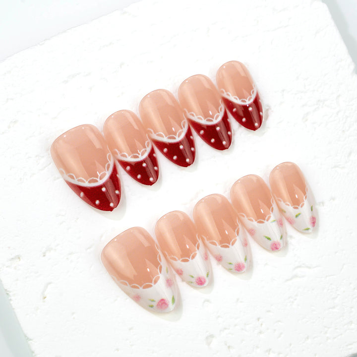 Artistic Press-On Nail Set with Vintage Floral and Polka Dot Design Stornfield
