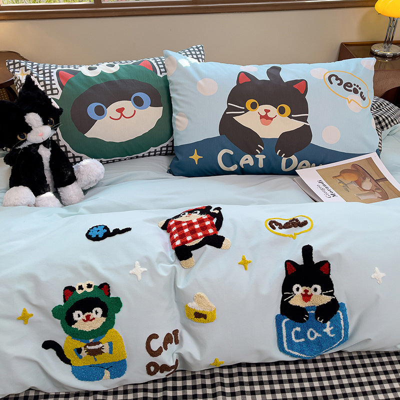Cartoon Puppy Embroidered Cotton Duvet Cover Bedding Set with Plaid Accents