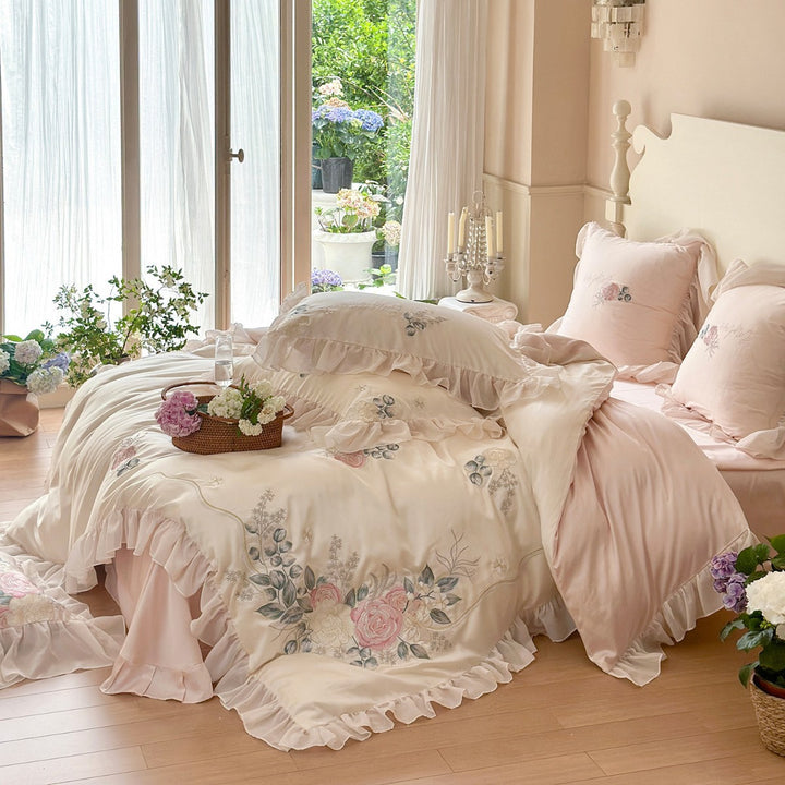 Rose-Embroidered Ruffled Satin-Feel Duvet Cover Ensemble with Decorative Frill and Pillow Shams