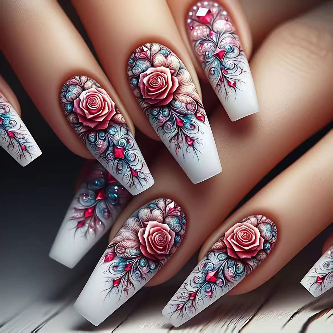 Elegant rose design artificial nails with glitter accents Stornfield