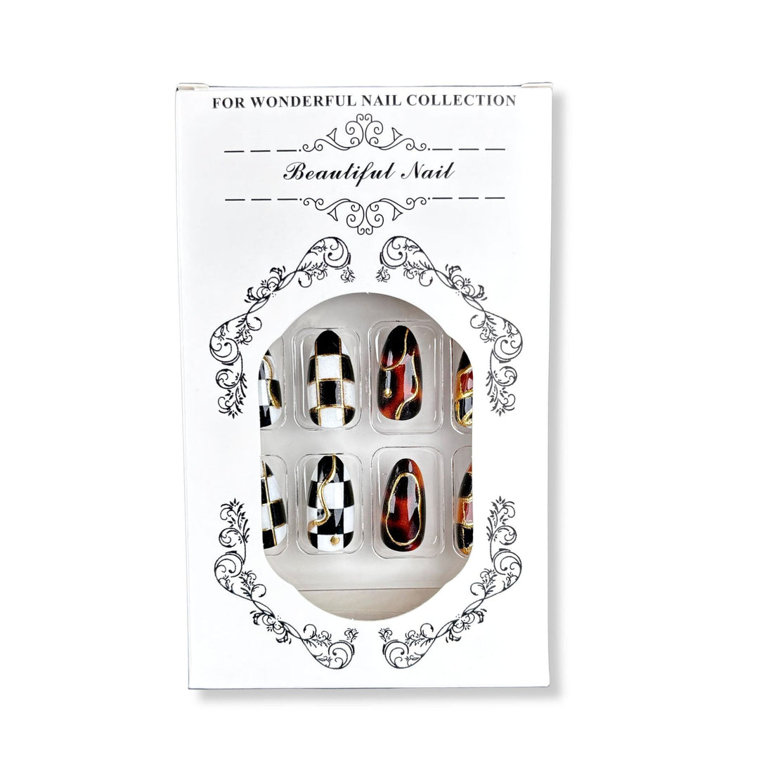 Decorative Press-On Nail Art Set with Checkered Design