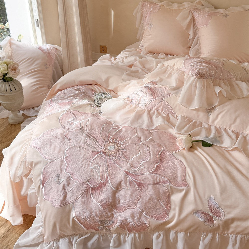 Romantic Chiffon-Ruffled Embroidered Floral Appliqué Duvet Cover Set