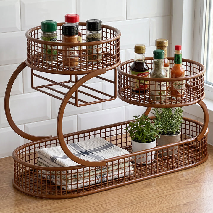 Three-Tier S-Shaped Metal Mesh Fruit and Kitchen Counter Organizer with Built-In Napkin Holder