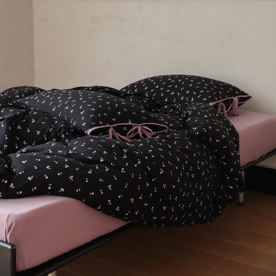 Cotton Reversible Duvet Cover Set with Decorative Tie Closures and Fitted Sheet