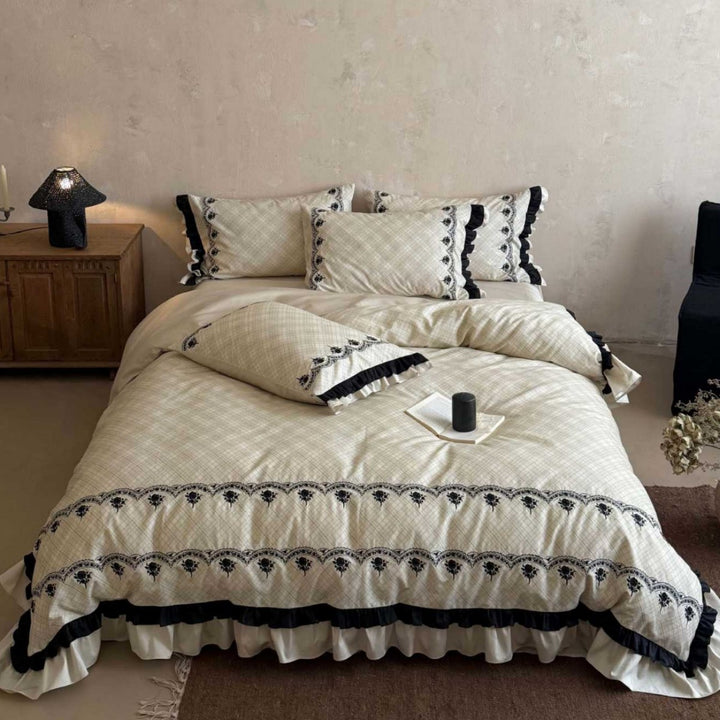 Ruffled Embroidered Plaid Duvet Cover Set with Decorative Pillow Shams