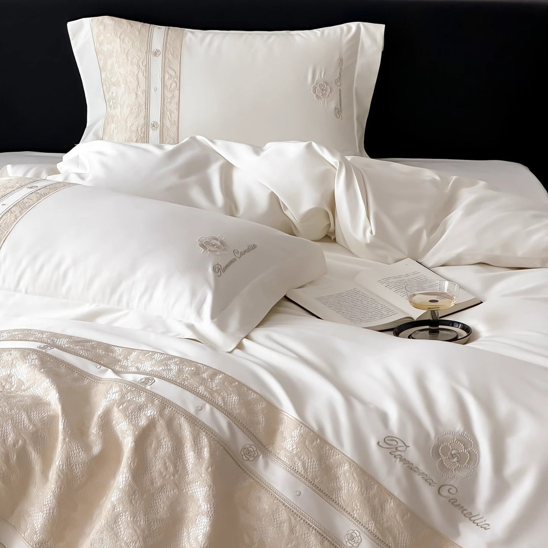 Luxury Embroidered Satin Sheet Set with Jacquard Border and Decorative Pillow Shams