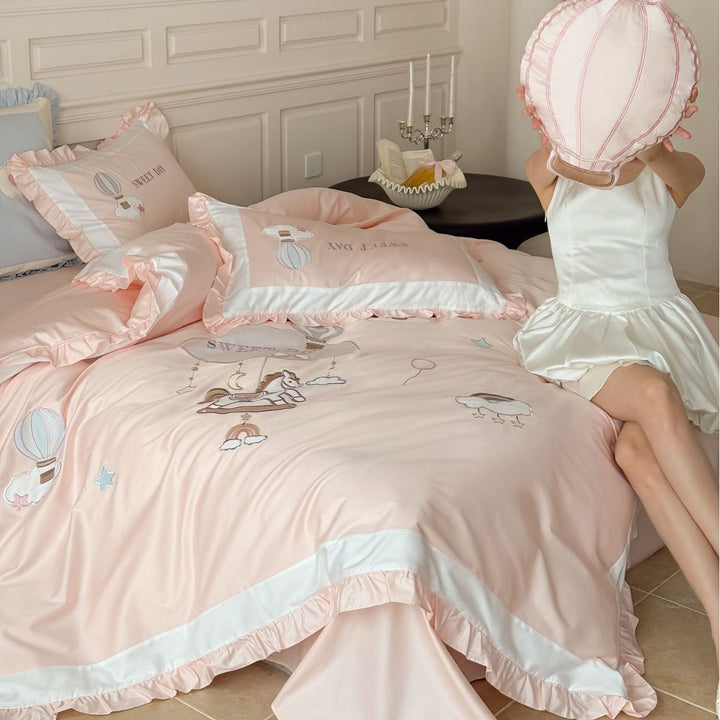 Ruffled Embroidered Hot Air Balloon Cotton Sateen Duvet Cover Set
