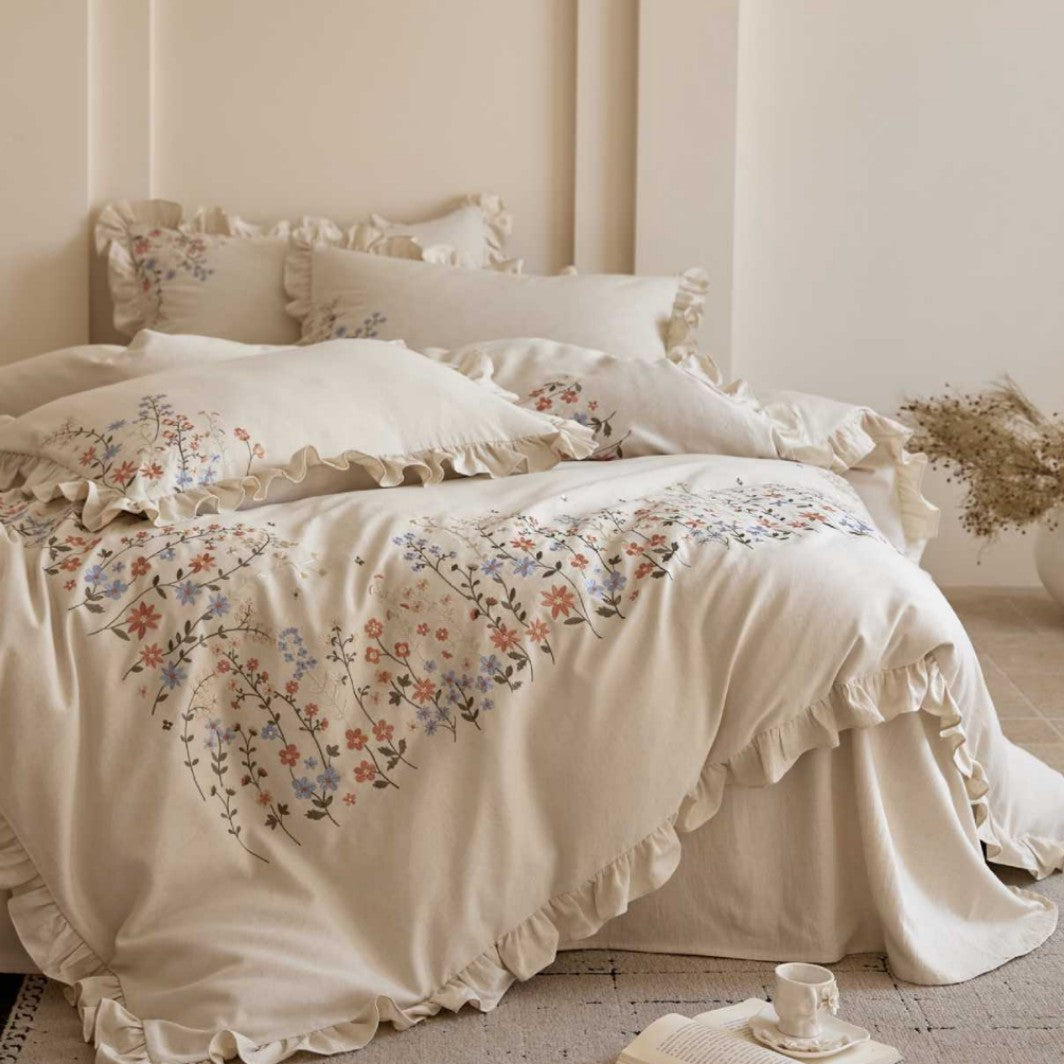 Floral Embroidered Ruffled Duvet Cover Set with Frilled Edge and Pillow Shams