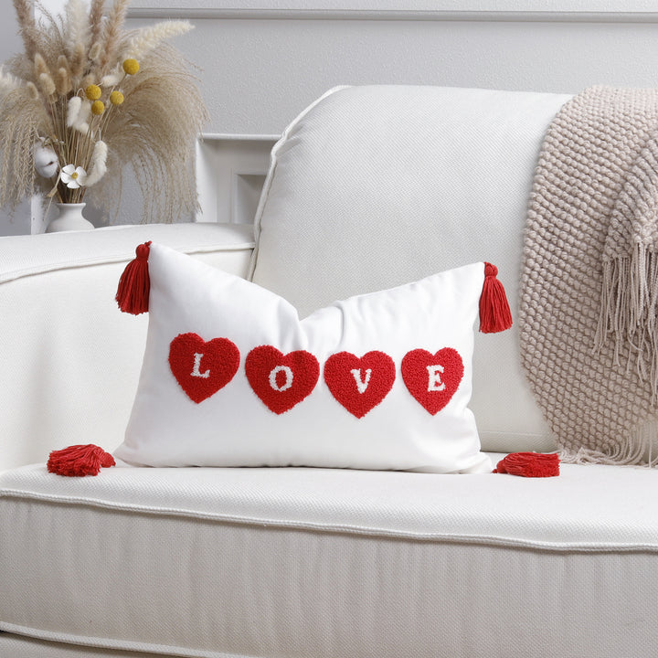 Square Decorative Pillow Cover with Fuzzy Heart Appliqué and Tassel Corners