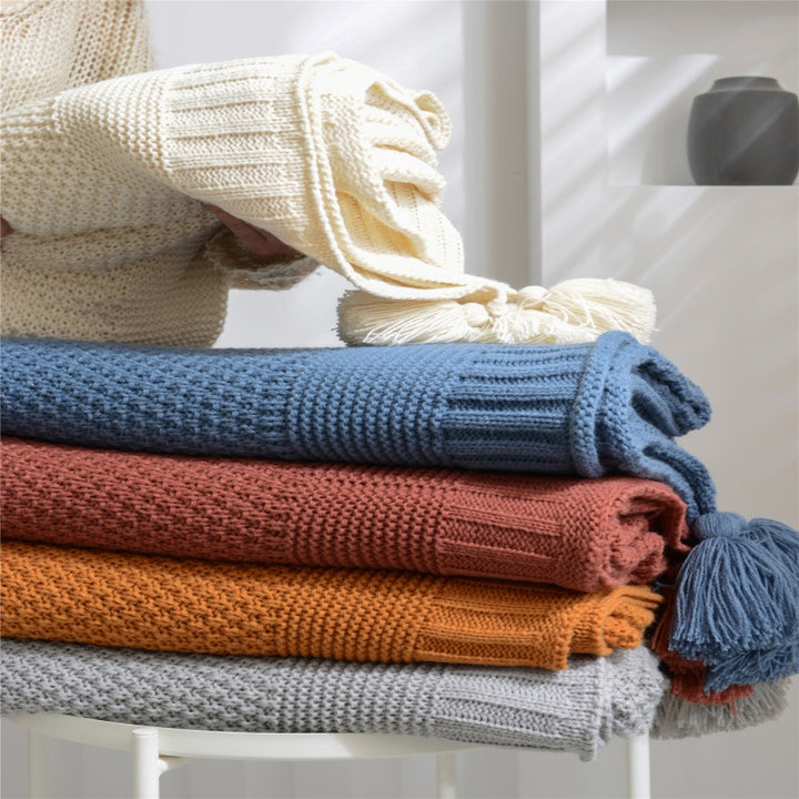 Oversized Waffle-Knit Cotton-Blend Throw Blanket with Pom-Pom Tassels
