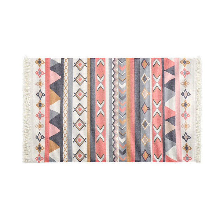 Flat-woven runner rug in ethnic stripe design with hand-fringed edge