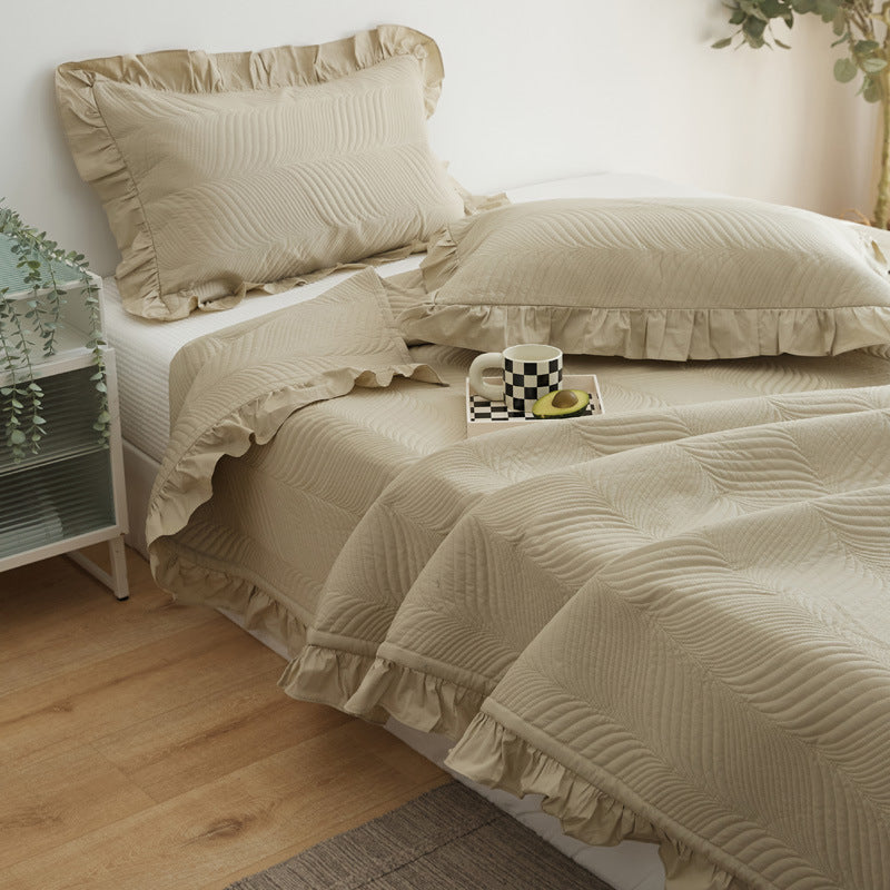 Quilted Wave-Texture Ruffled Bedspread Set with Pillow Shams