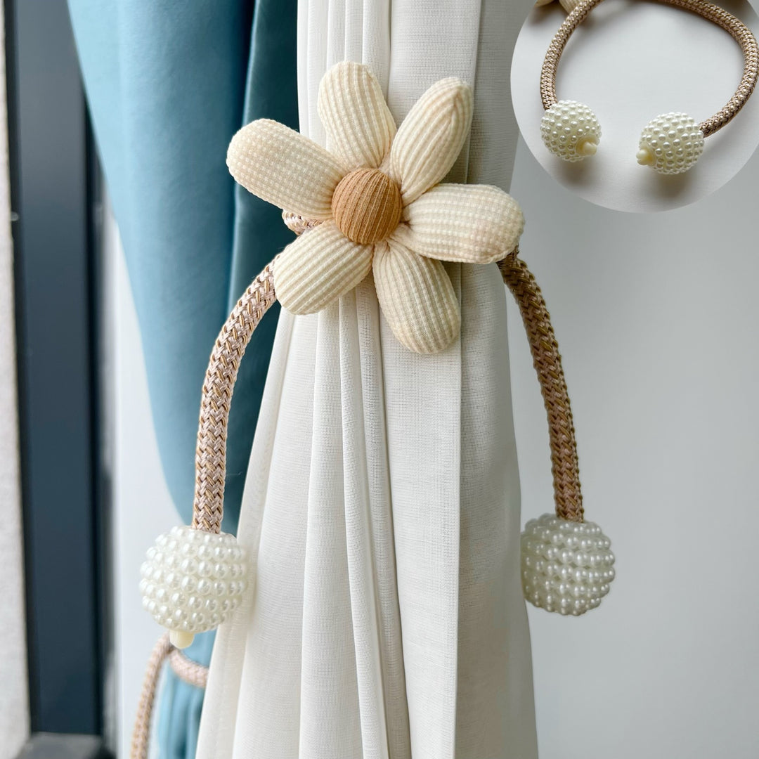 Beaded Magnetic Curtain Tieback with Fabric Flower Accent