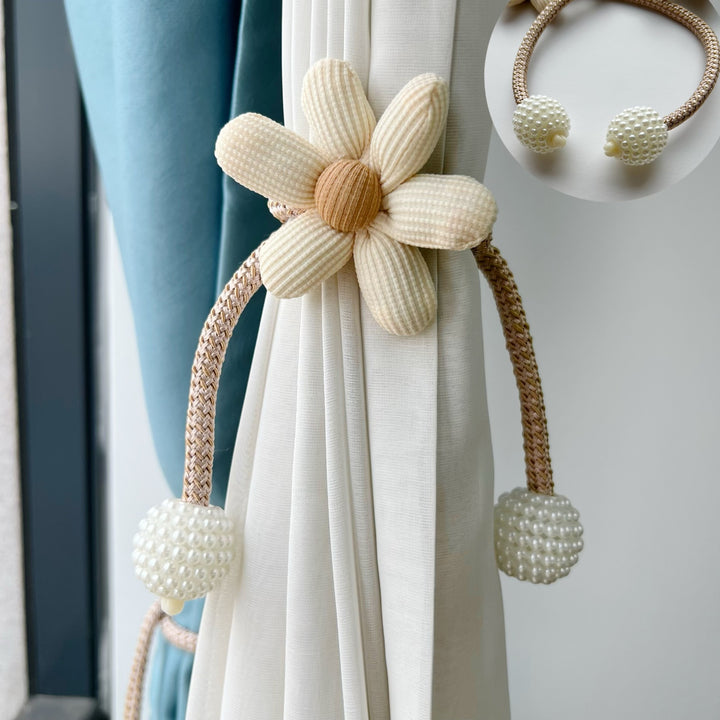 Beaded Magnetic Curtain Tieback with Fabric Flower Accent
