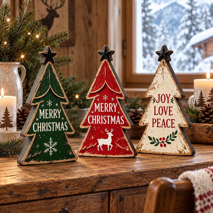 Rustic Holiday-Themed Wooden Christmas Tree Décor