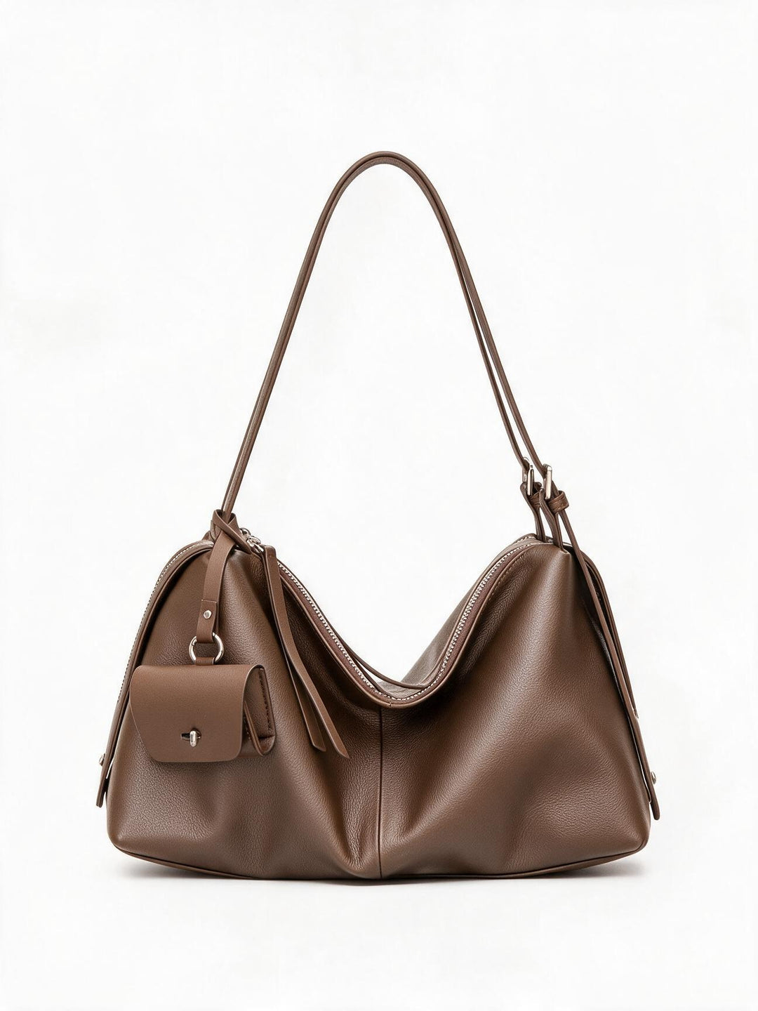 Slouchy Pebbled Hobo Shoulder Bag with Top Zip and Detachable Mini Pouch