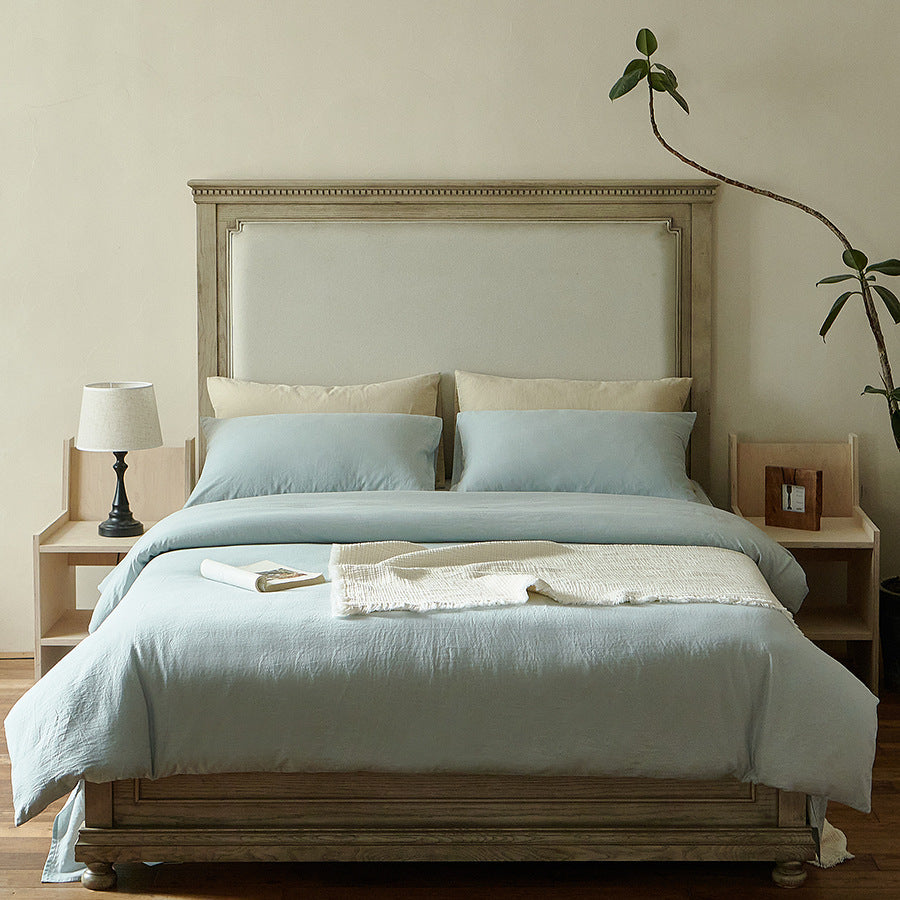 Light bed linen set made of washed linen-cotton blend with a natural texture