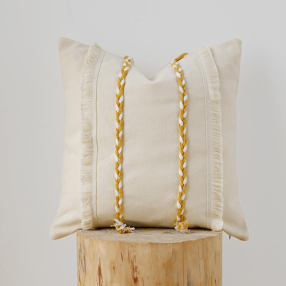 Decorative rectangular cotton cushion cover with woven trims and fringes Stornfield