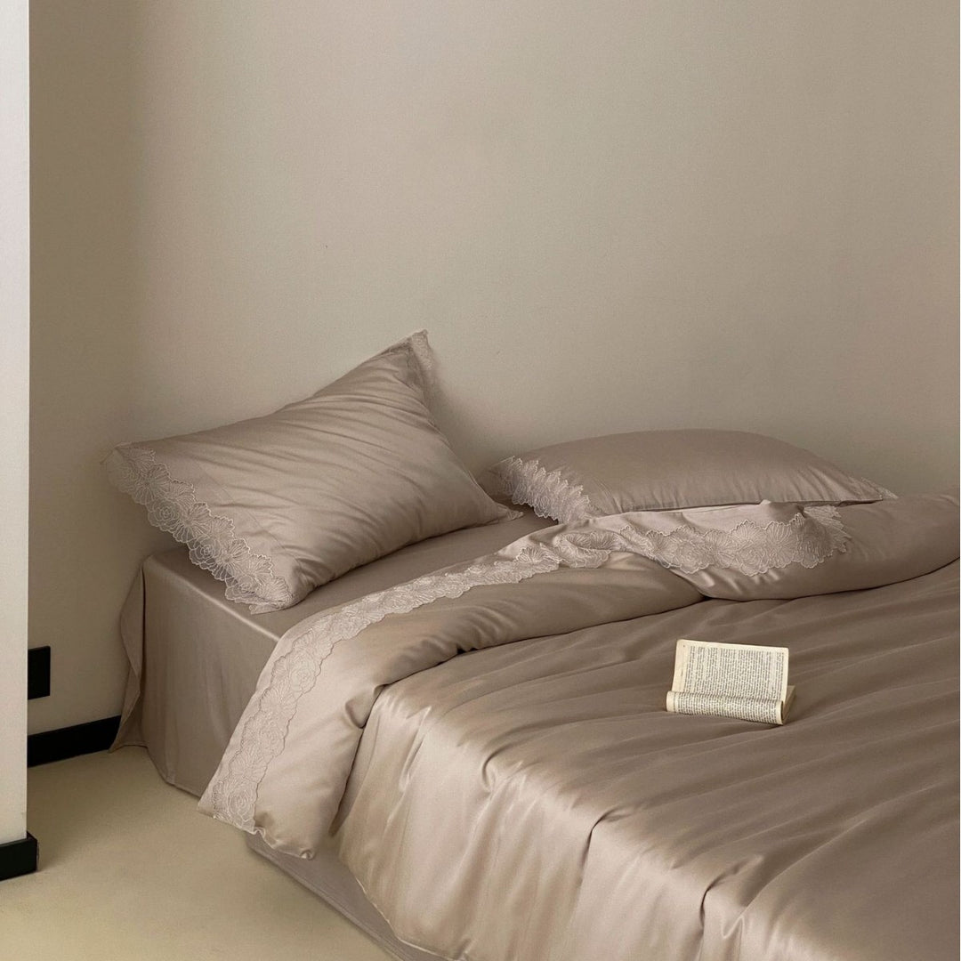 Luxury Lace-Trim Satin Duvet Cover Set