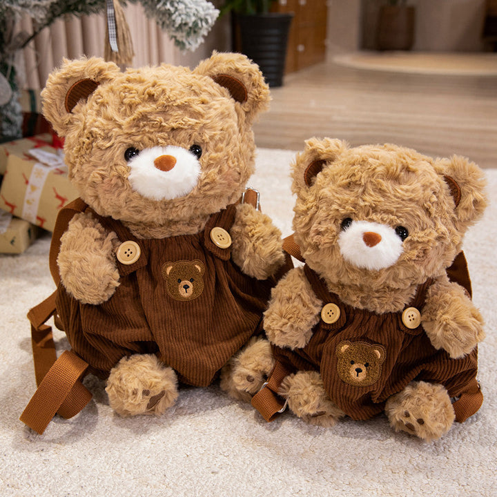 Plush Teddy Bear Backpack Bag with Corduroy Overalls & Adjustable Straps Stornfield