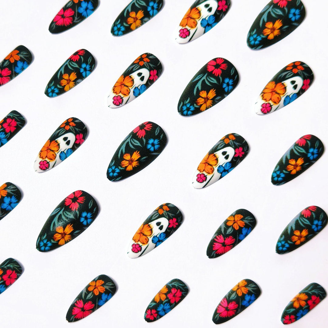 Creative Art Nails with Skull and Colorful Flower Design Stornfield