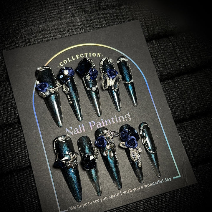 Glamorous Stiletto Press-On Nail Set with Floral Embellishments