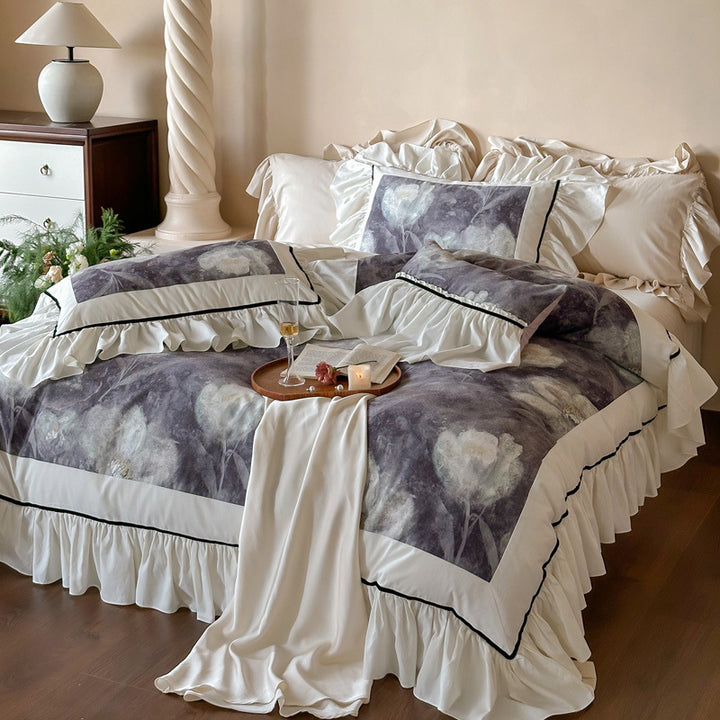 Romantic floral cotton satin bedding set with lace ruffle and decorative bed cover