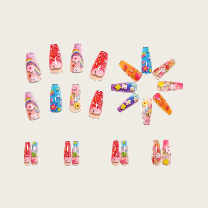 Artificial nails with colorful floral designs and 3D details Stornfield