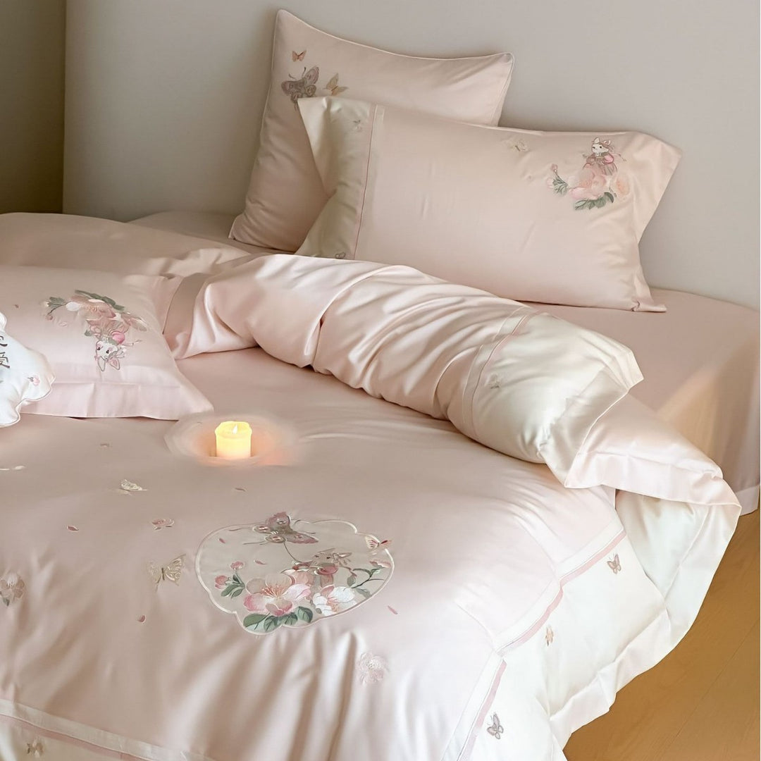 Embroidered Floral Satin Duvet Cover Set