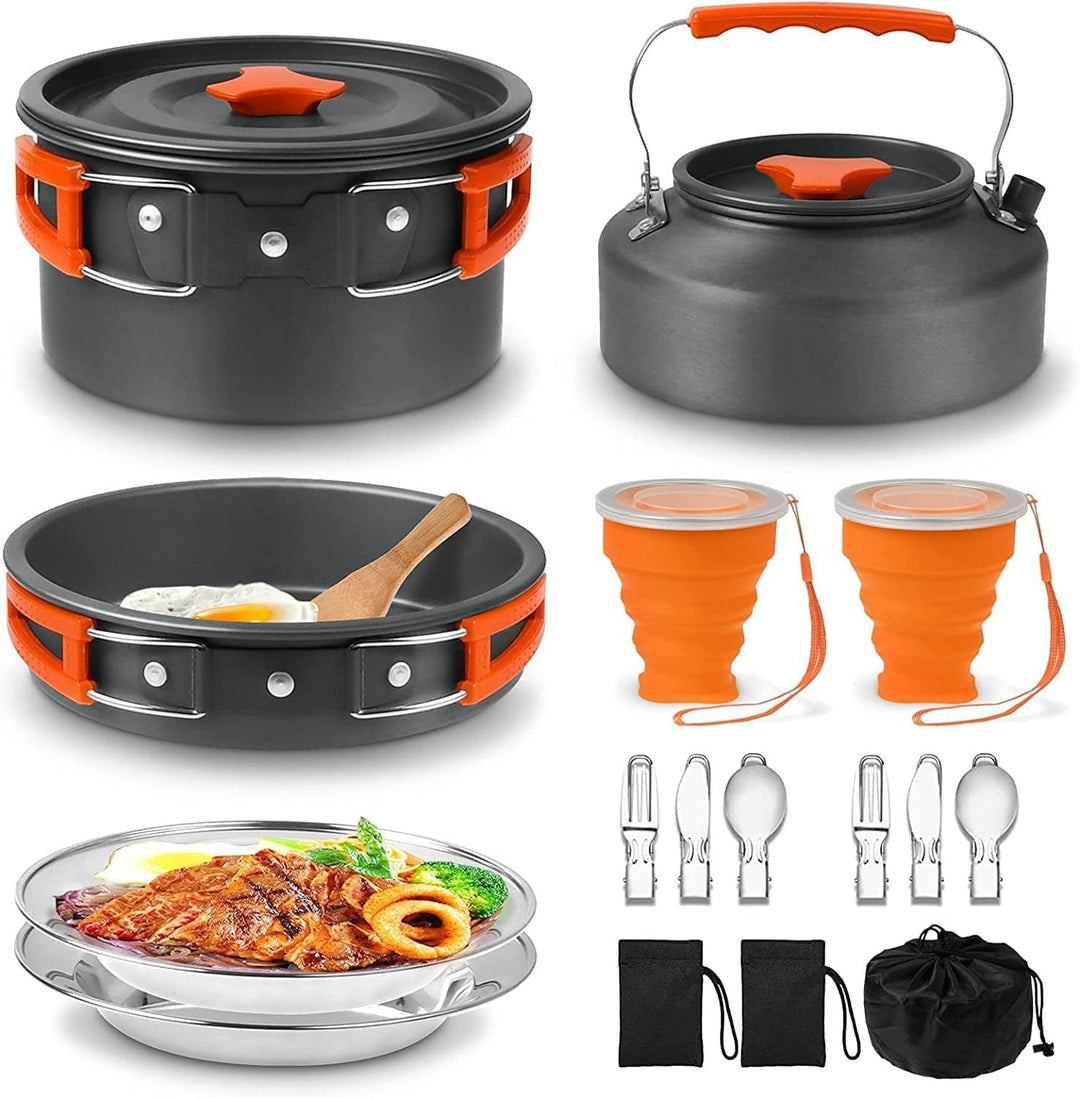 lightweight nonstick anodized aluminum camping cookware set with folding-handle pot and kettle, collapsible silicone cups, stainless plates and cutlery Stornfield