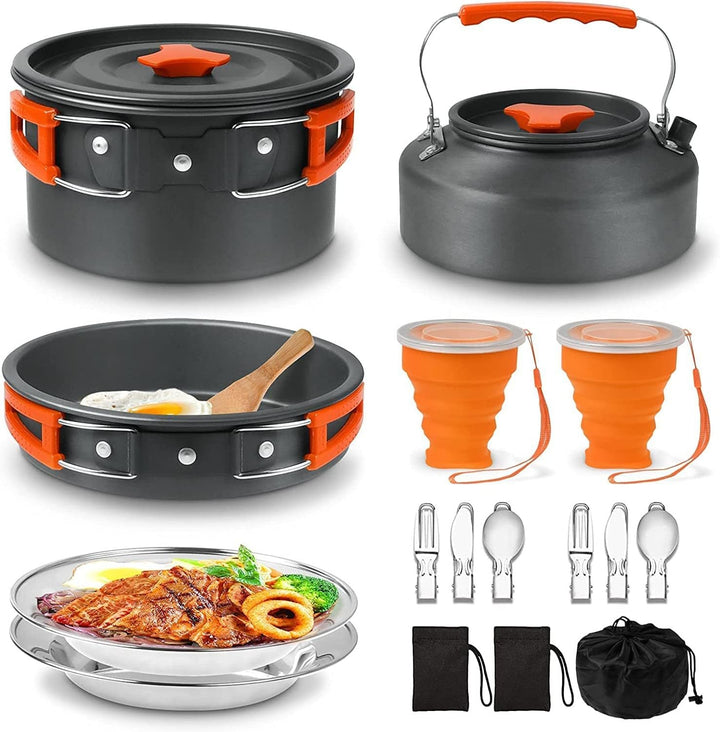 lightweight nonstick anodized aluminum camping cookware set with folding-handle pot and kettle, collapsible silicone cups, stainless plates and cutlery Stornfield