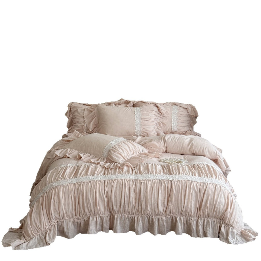 Washed Linen-Blend Gathered Duvet Cover Set with Floral Lace Band