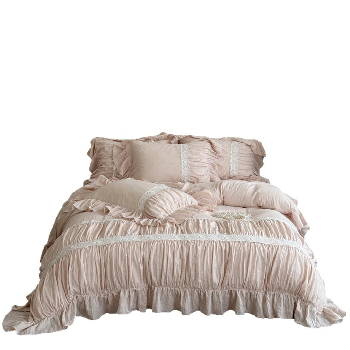 Washed Linen-Blend Gathered Duvet Cover Set with Floral Lace Band