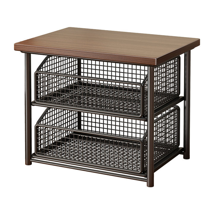 Countertop Wooden Top Metal Frame Organizer with Sliding Wire Basket