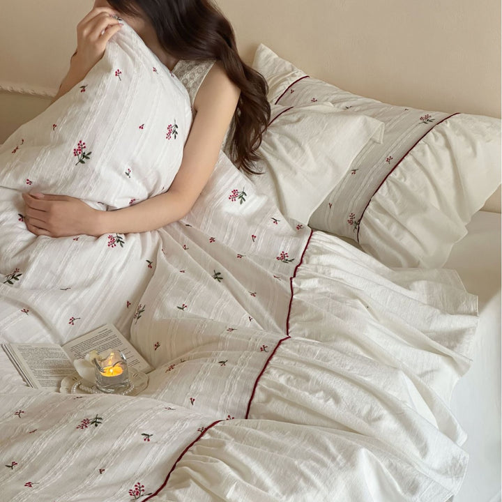 Vintage-Inspired Floral Embroidered Cotton Duvet Cover Set with Ruffled Shams and Piped Trim