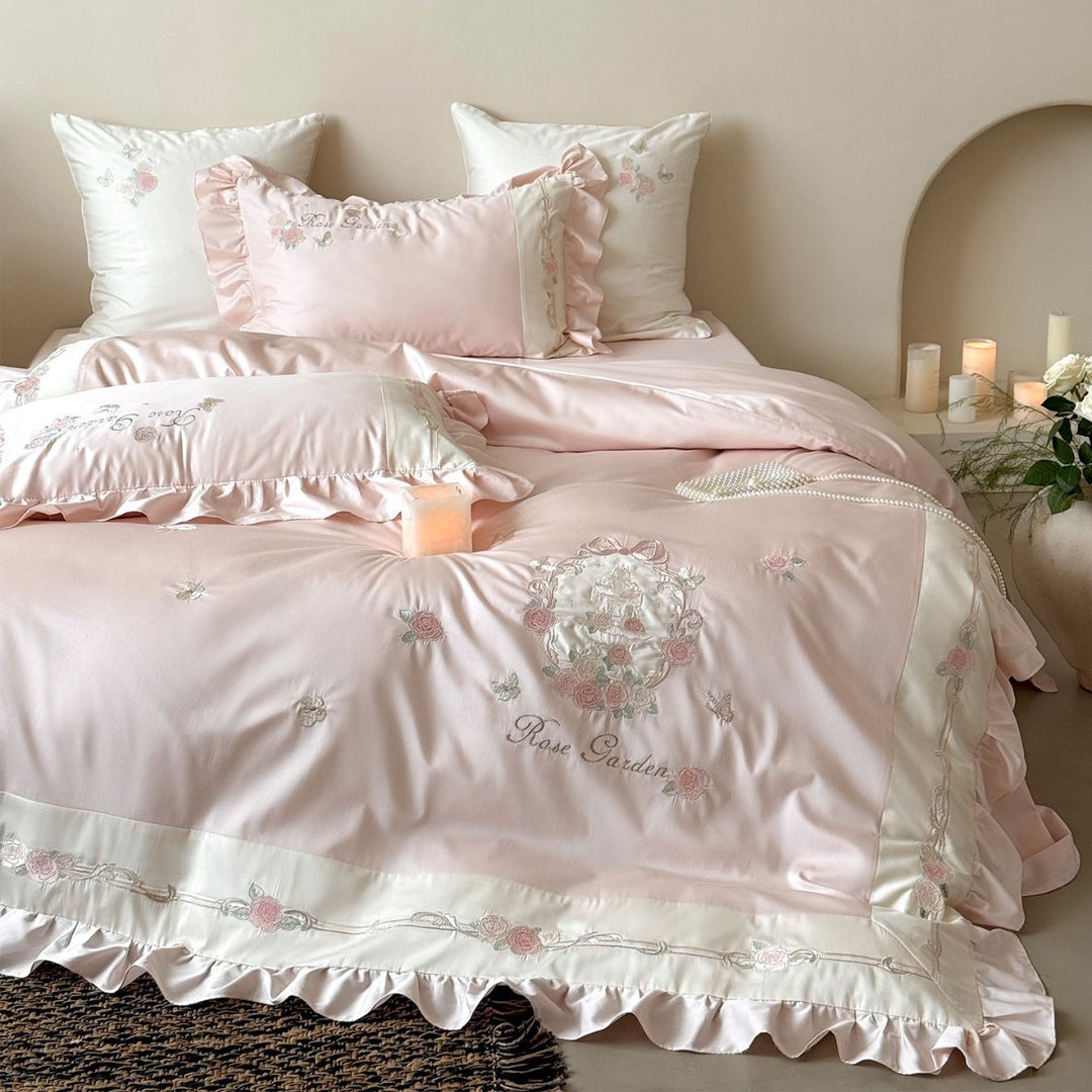 Rose-Embroidered Satin-Blend Ruffled Duvet Cover Set with Lace-Inset Border & Matching Shams