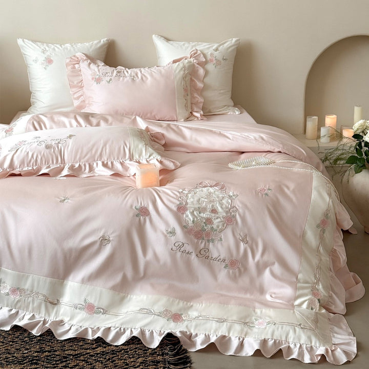 Rose-Embroidered Satin-Blend Ruffled Duvet Cover Set with Lace-Inset Border & Matching Shams
