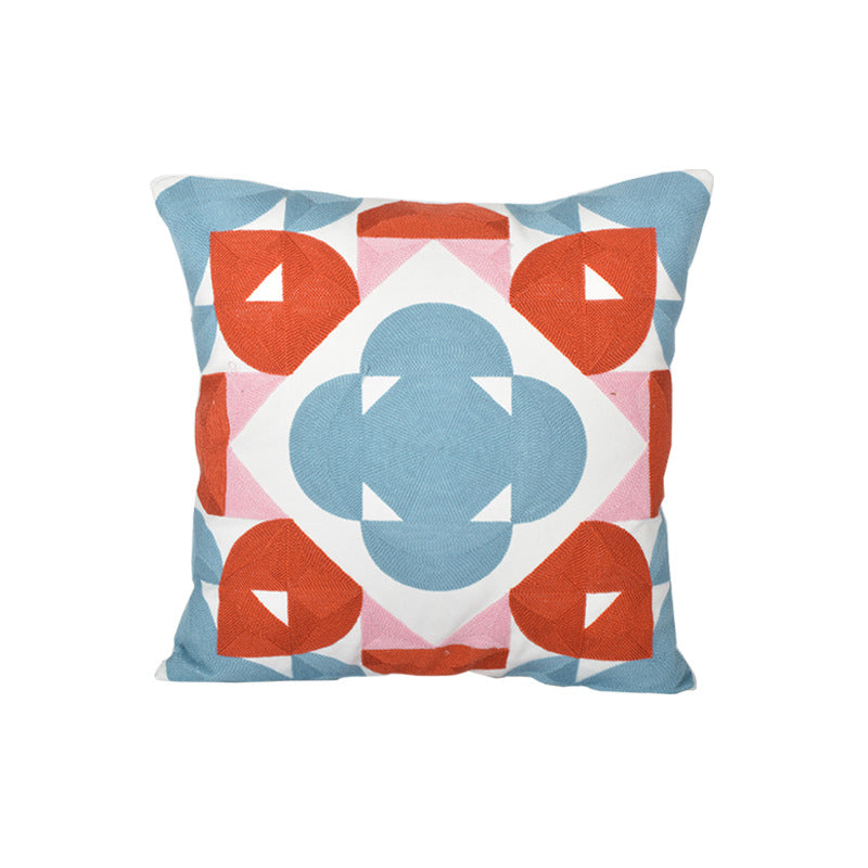 Geometric Embroidered Textured Square Accent Pillow with Layered Appliqué and Concealed Zip