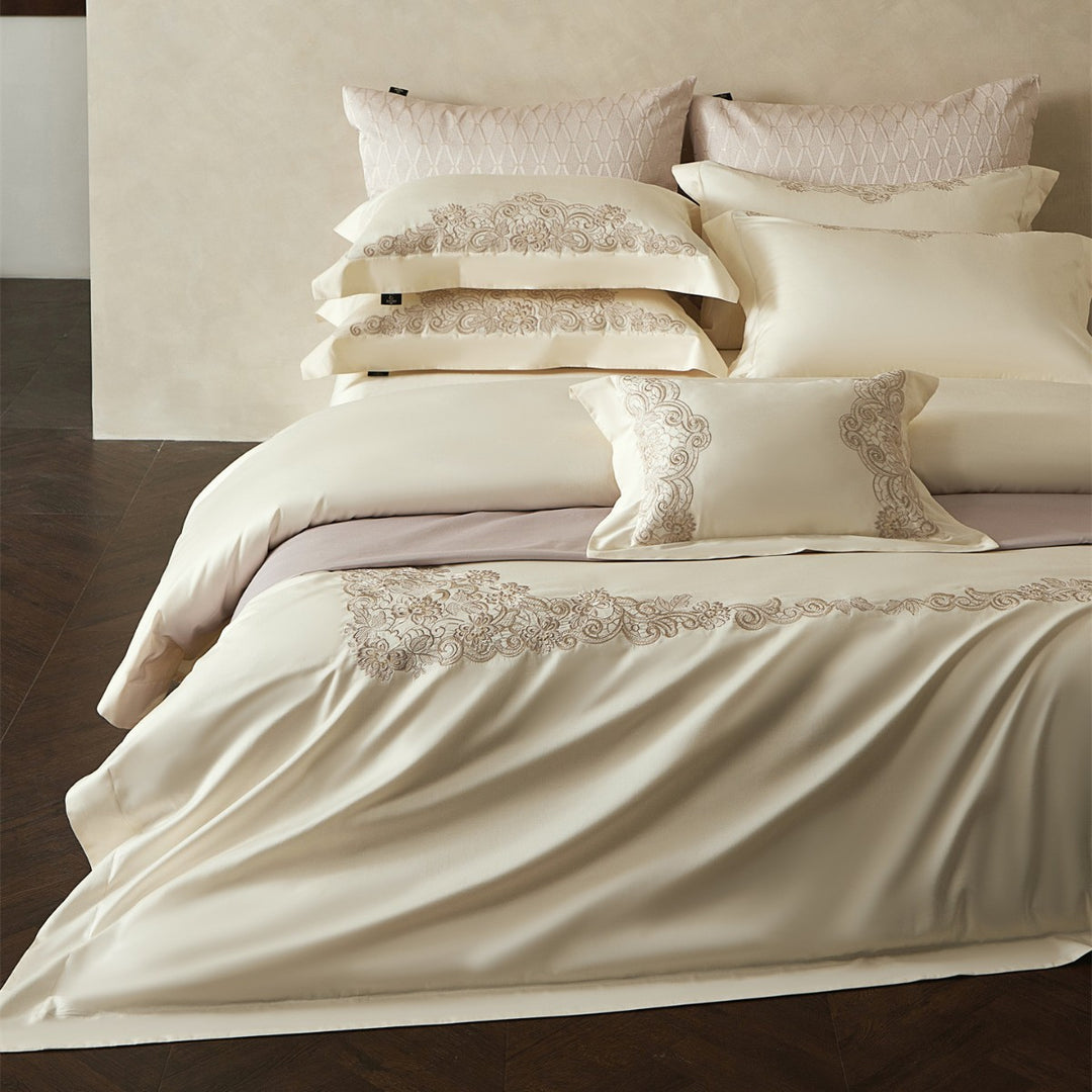 Embroidered Sateen Duvet Cover Set with Lace-Edge Pillow Shams