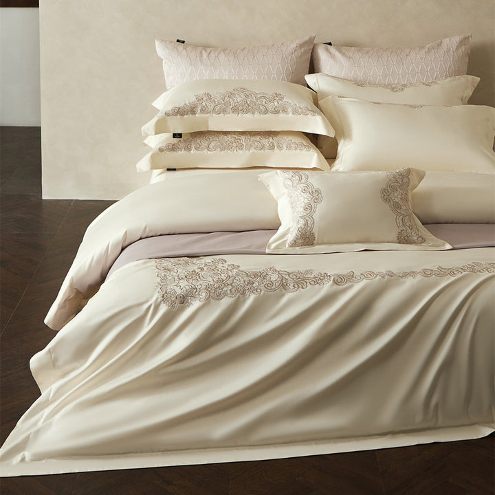 Embroidered Sateen Duvet Cover Set with Lace-Edge Pillow Shams