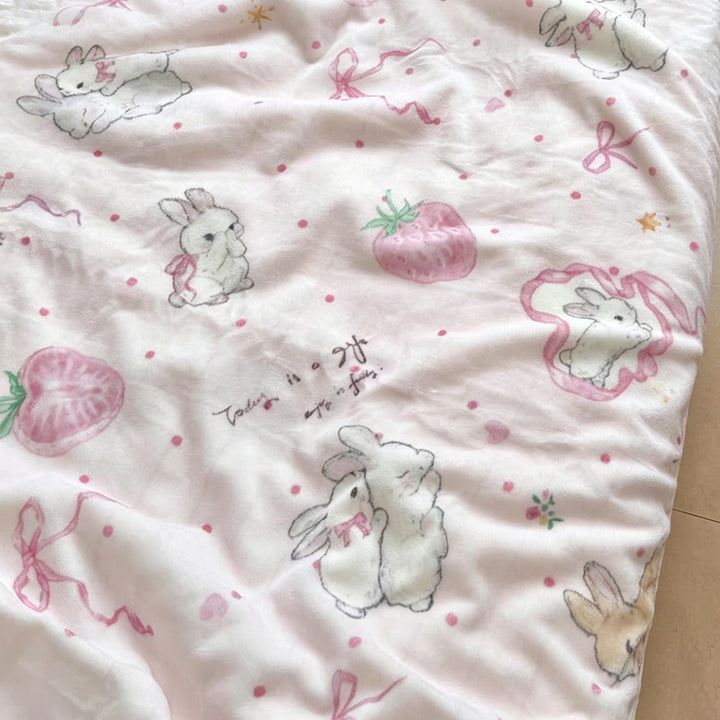 Cute Bunny and Strawberry-Themed Ultra Soft Fleece Blanket